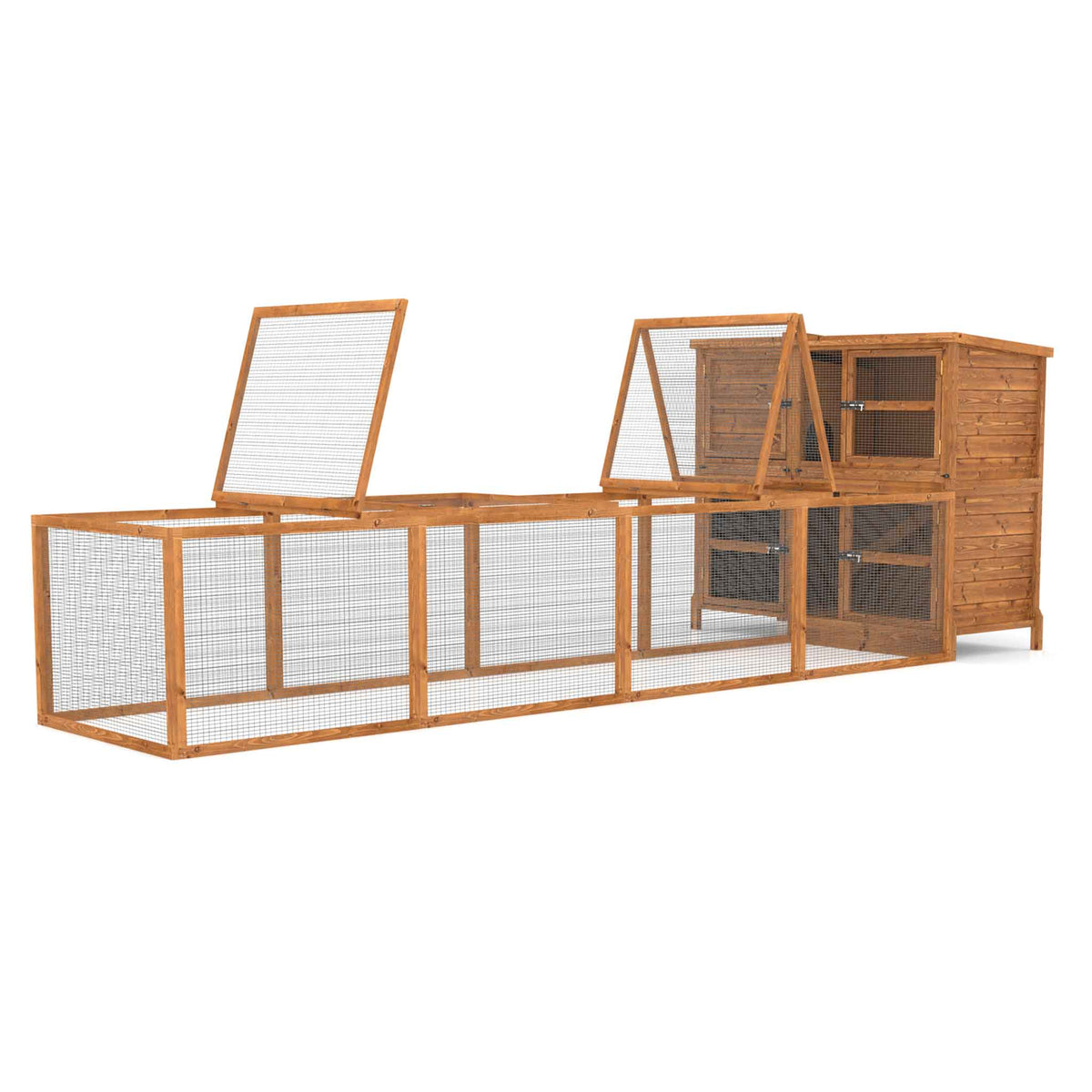 Wooden rabbit run cage with a transparent side on a white background