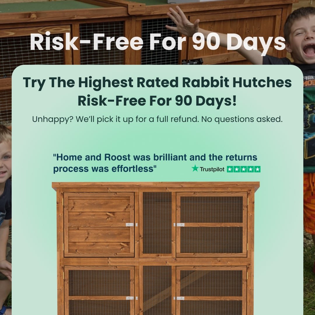 Wooden rabbit hutch with promotional text overlay on a green background