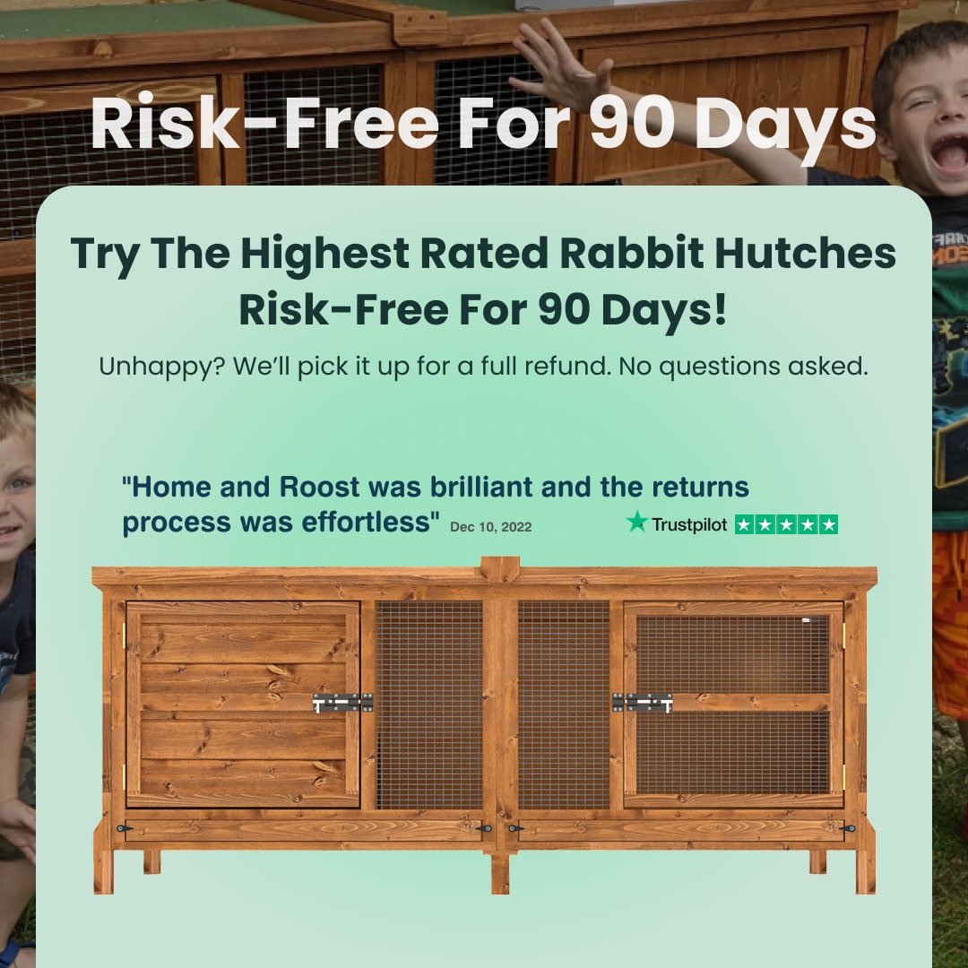 Wooden rabbit hutch with promotional text about a risk-free offer and customer review.