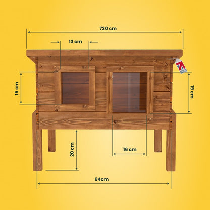 Wooden rabbit hutch with dimensions on a yellow background