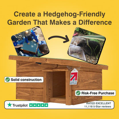 Wooden hedgehog house with text on creating a hedgehog-friendly garden, featuring solid construction and risk-free purchase guarantees.
