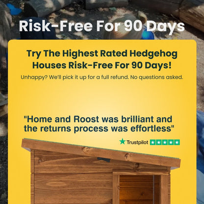 Advertisement for hedgehog houses with a yellow background and text overlay.