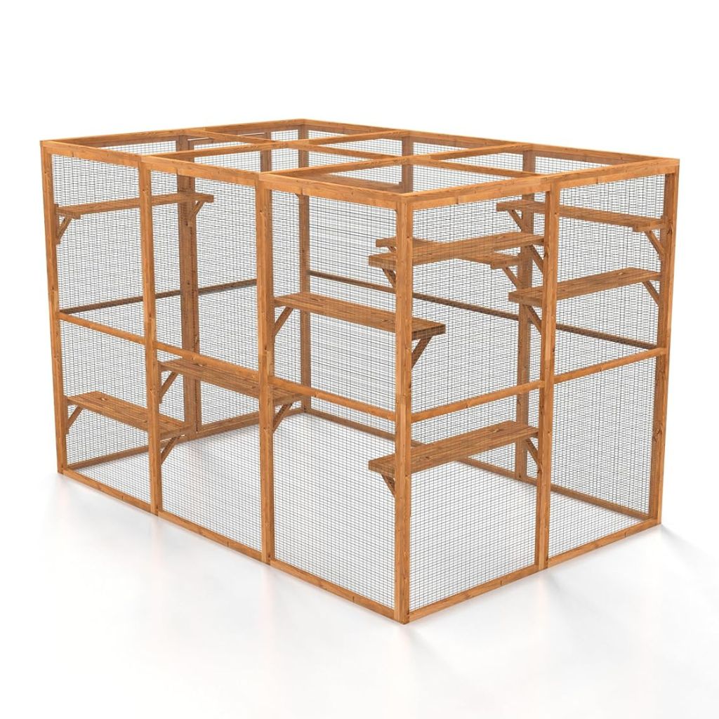 Wooden catio cage with wire mesh on a white background