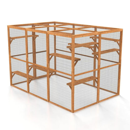 Wooden catio cage with wire mesh on a white background