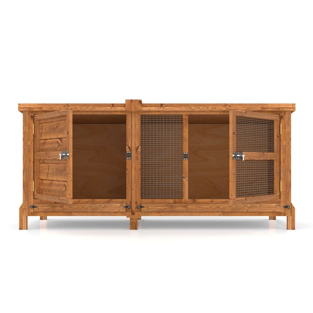 Wooden hutch with wire doors on a white background