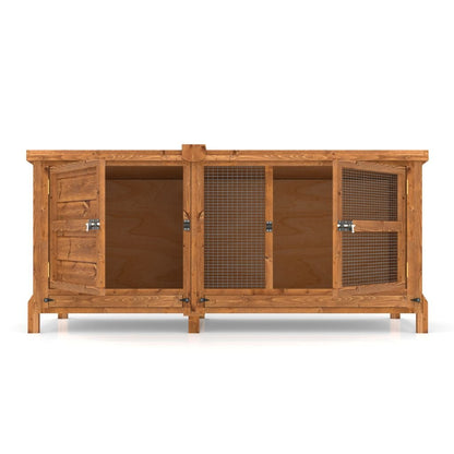 Wooden hutch with wire doors on a white background