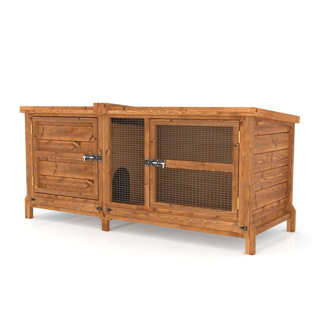 Wooden hutch with a wire door on a white background