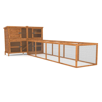 Wooden rabbit run cage with mesh sides on a white background