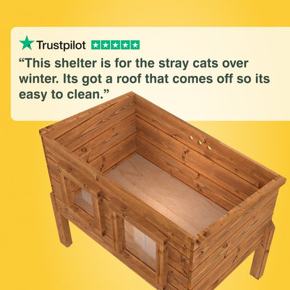 Wooden pet shelter with a roof that can be removed, on a yellow background with Trustpilot rating text. “This shelter is for the stray cats over winter. Its got a roof that comes off so its easy to clean.”