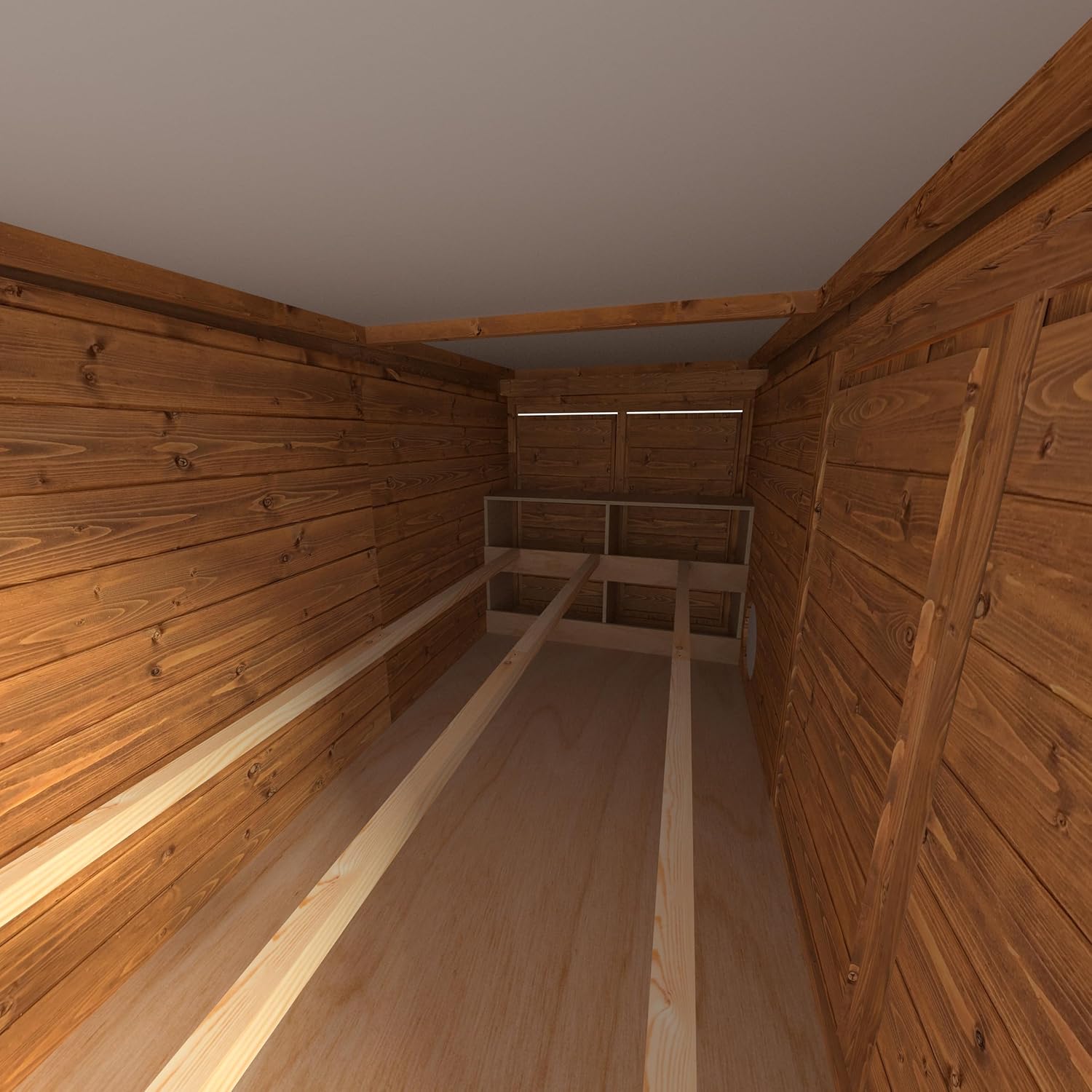 Walk in chicken coop with shelves and walls.