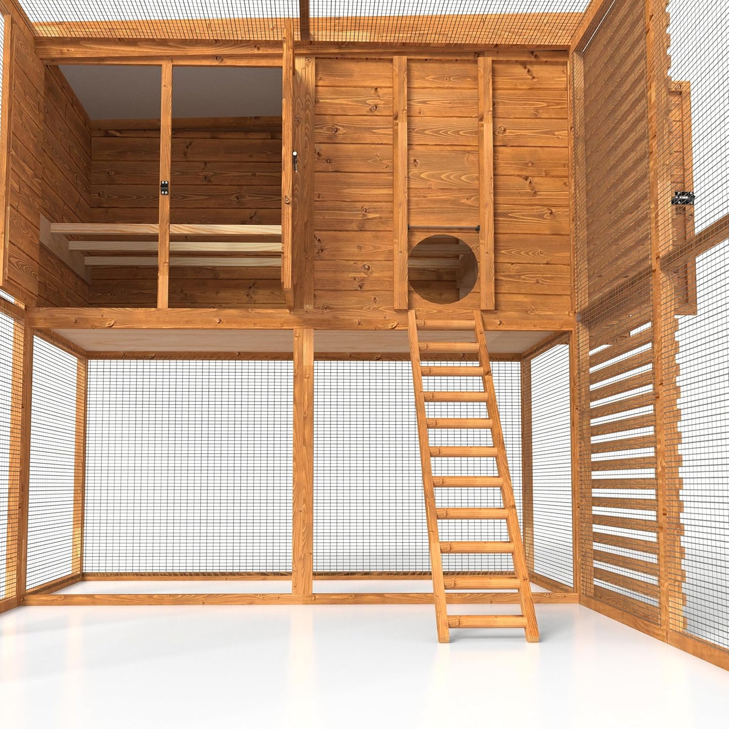 wooden walk in chicken coop and run with a ladder on a white background